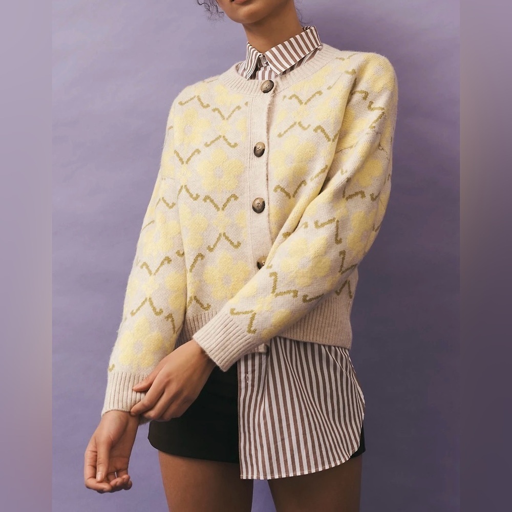 NWT Size XL -Maeve Graphic Intarsia Cardigan Sweater Yellow Flower (NWT US$ 118)